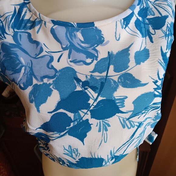 Medium Vintage 1960's Floral Crop Top Side Tie Zip Closure Sleeveless Nylon Blue - Picture 2 of 8